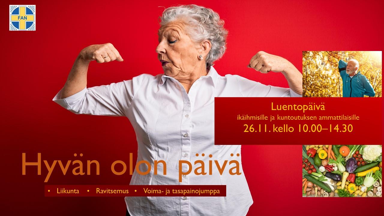 Mainoskuva tapahtumasta. Iäkäs nainen pullistaa ylpeänä hauiksiaan. Pikkukuvassa iäkäs mies venyttelee. Toisessa pikkukuvassa värikkäitä kasviksia ja vihanneksia.
